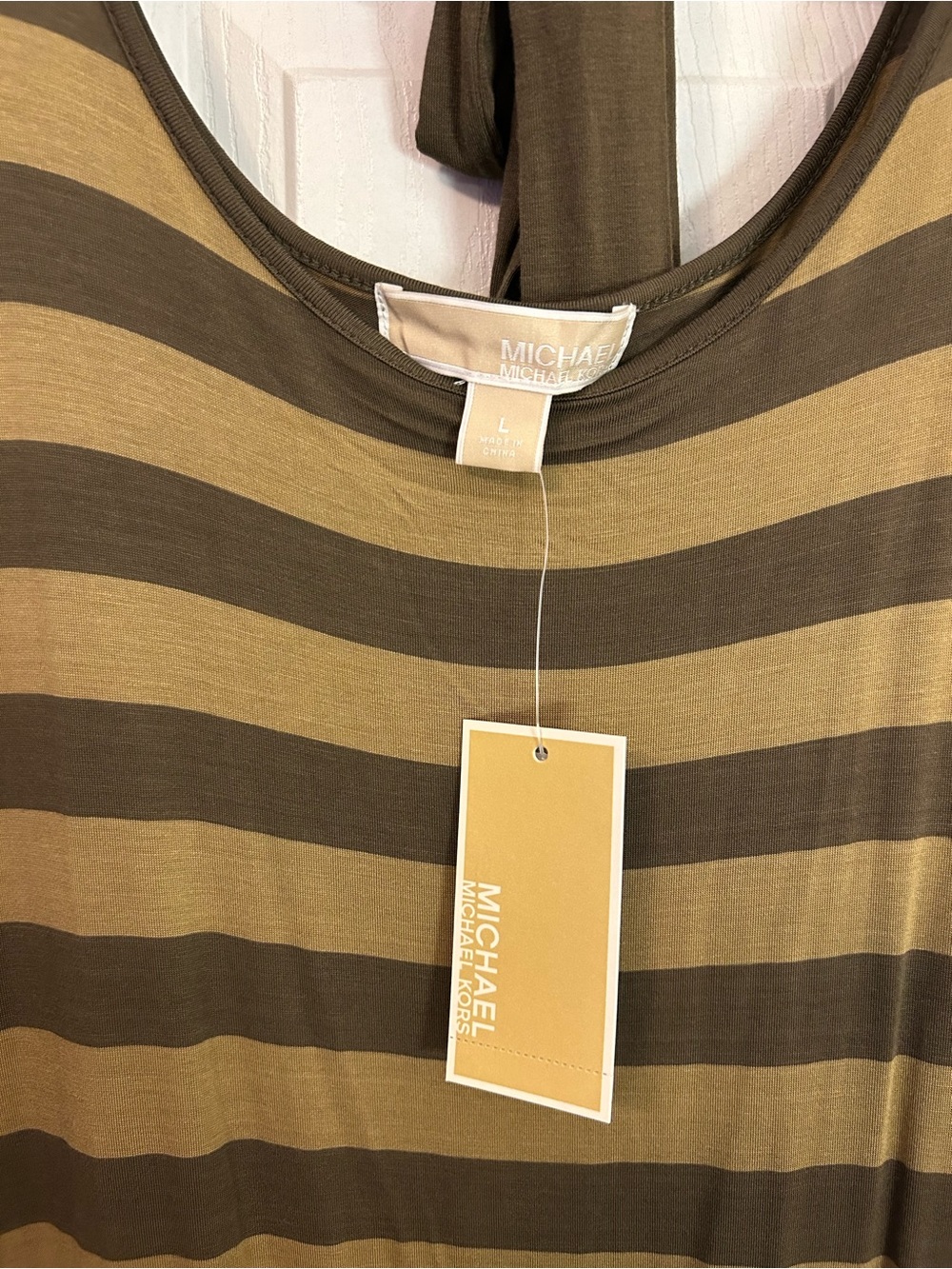 Michael Kors Olive and Chocolate Striped Short Sleeve Tee